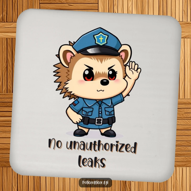 Funny hedgehog police officer coaster: a determined saluting cop protecting your drink surfaces.