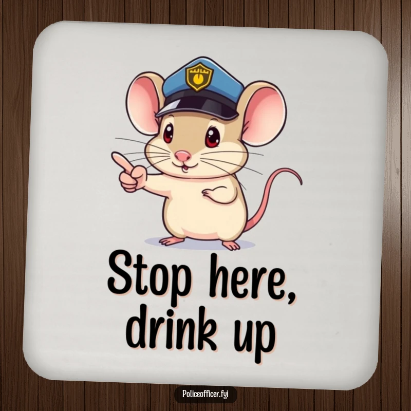 Funny Mouse Coasters featuring a mouse police officer, tiny determined pointing finger, providing humorous surface protection, a perfect funny gift set.