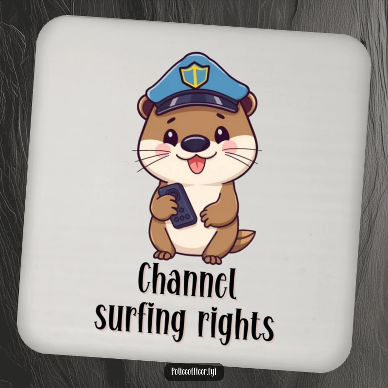 Funny otter cop wearing a hat, holding a remote, smiling cheerfully on a protective drink coaster.