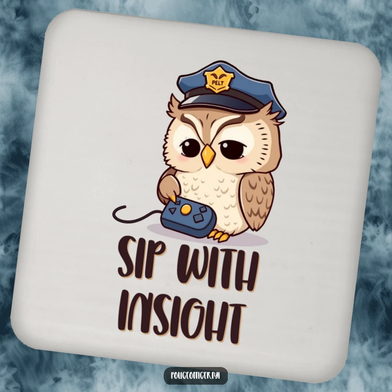 Funny Owl Detective Coaster: Wise owl in a police cap looking at a remote control, a humorous and protective accessory for drinks.