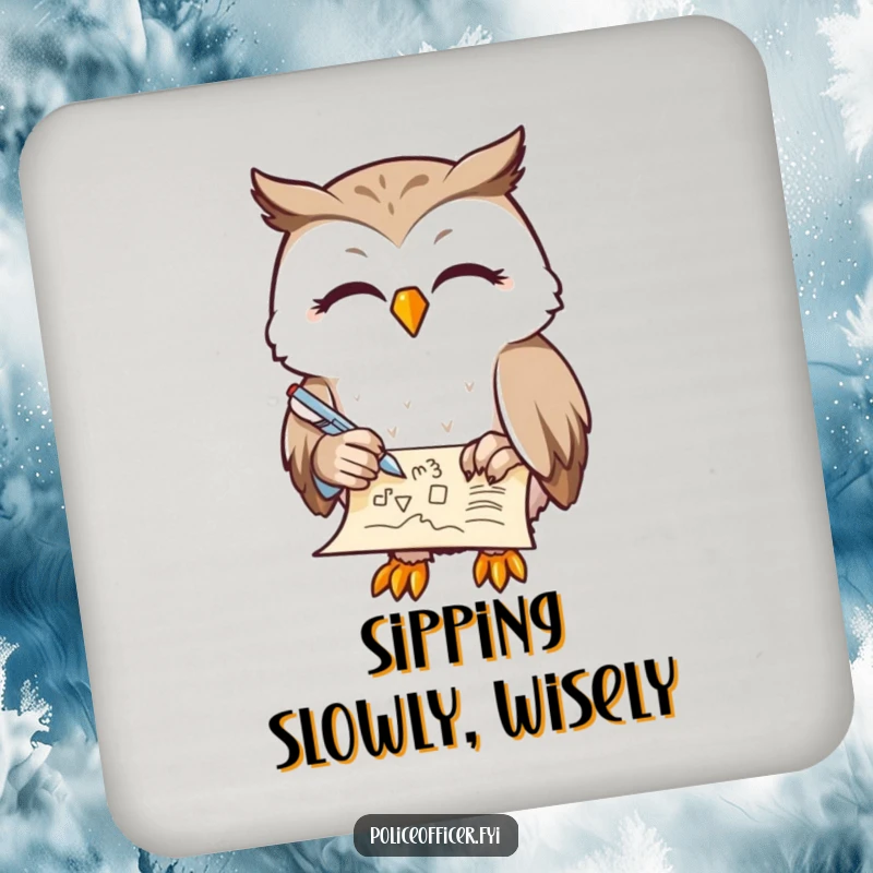 Funny Owl Coasters featuring a contented owl with half-closed eyes, doodling on a scroll with a feather pen, providing humorous surface protection, a perfect funny gift set.