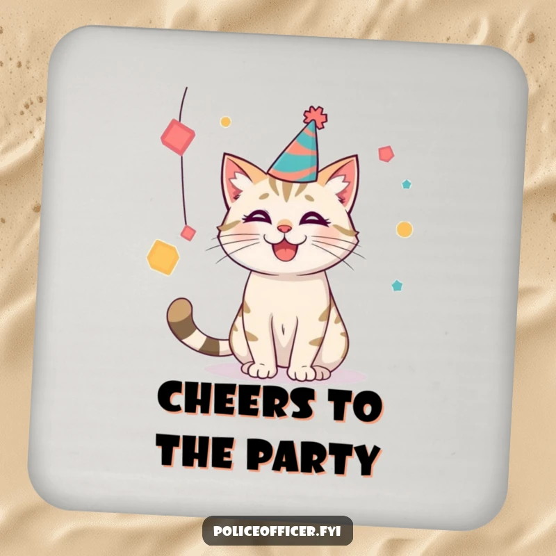 Funny party cat coaster showing a cat in a hat batting at shapes, adding a touch of festive fun to table settings.