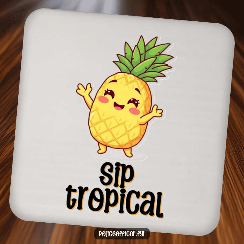 Funny pineapple character striking a playful pose on a protective drink coaster, adding charm.