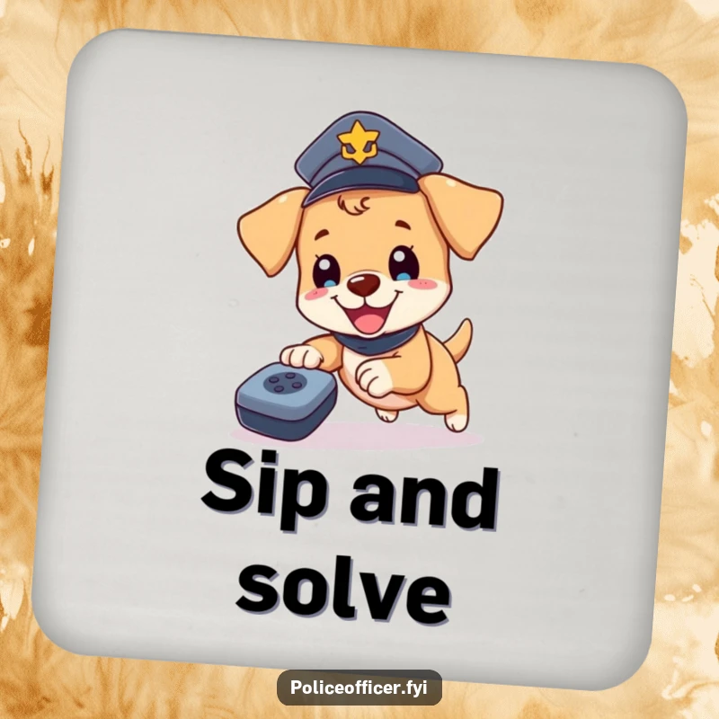 Funny Puppy Cop Coaster: Happy puppy in a police hat chasing a remote, a humorous and protective accessory for drinks.