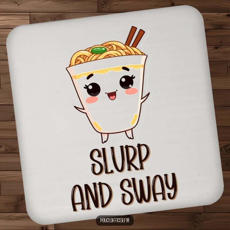 Funny ramen coasters depicting a cheerful ramen cup with a face dancing excitedly, adding humor to drink service.