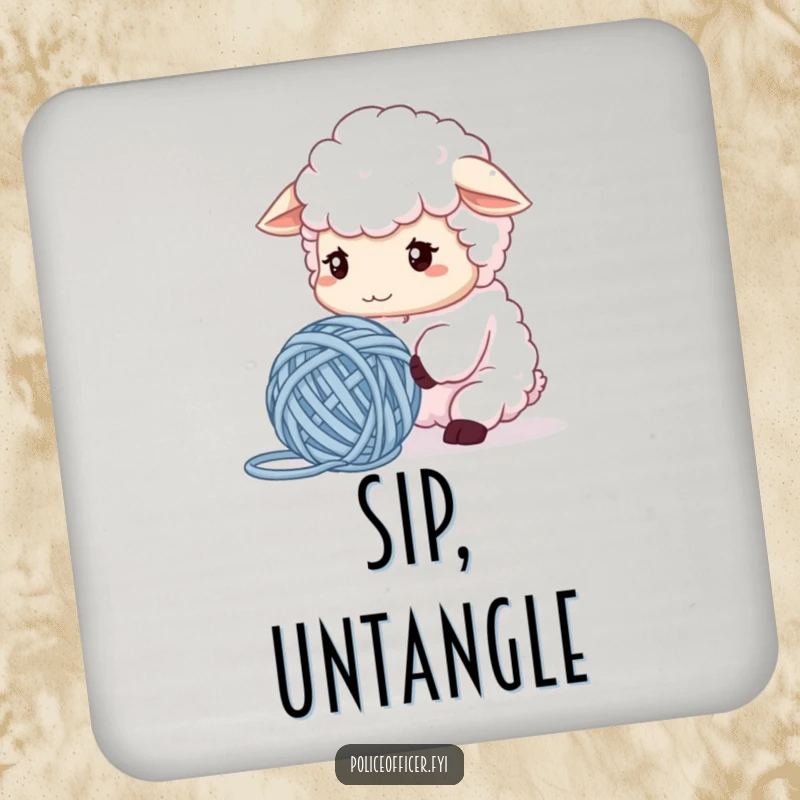 Funny Sheep Coasters featuring a fluffy sheep confused by tangled yarn, providing hilarious crafting protection for drinks, ideal for quirky decor and as a gift.