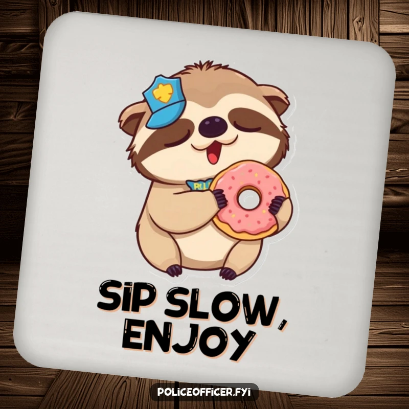 Funny Sloth Police Coaster: A coaster featuring a sleepy sloth police officer yawning, donut in paw.