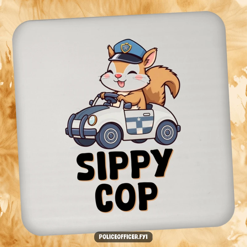 Funny Drink Coaster featuring a giggling squirrel in a police hat riding a toy police car, adding playful humor.