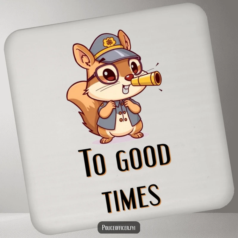 Funny drink coaster with an energetic squirrel police officer blowing a whistle, adding a lively and humorous touch.