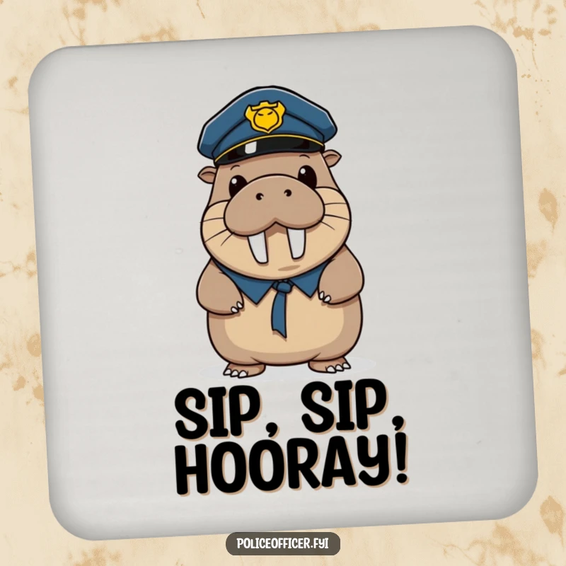 Funny drink coaster with a wobbly walrus police officer tipping his hat, protecting surfaces with a humorous smile.