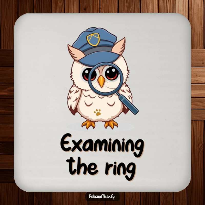 Funny Coaster featuring a wise owl in a police cap, peering through a magnifying glass at a tiny footprint, protecting against rings.