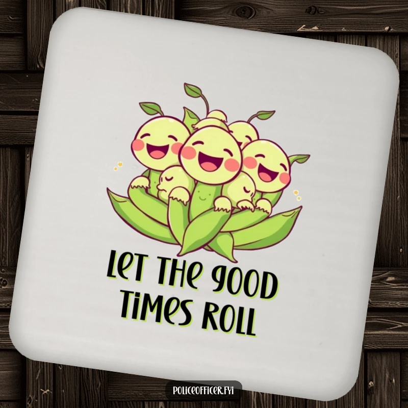 Funny Coaster: A cheerful bunch of peas laughing as they roll, hilariously protecting surfaces with a touch of veggie fun and cheer.