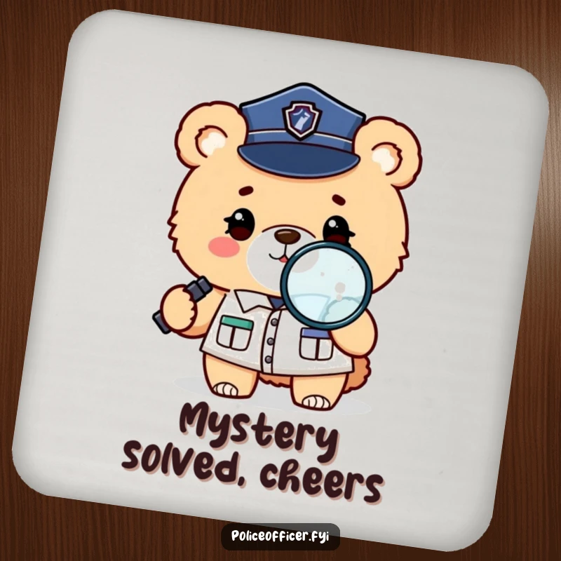 Funny drink coaster featuring a fluffy bear in a police uniform winking and holding a magnifying glass, observing closely.