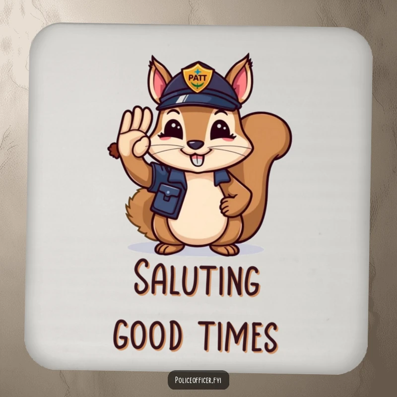 Funny Coaster: Squirrel police officer saluting with an acorn, a humorous and practical accessory.