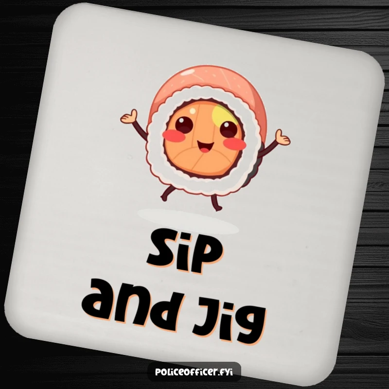 Funny sushi roll coasters featuring a smiling sushi with legs doing a cheerful jig, adding humor to drink service.