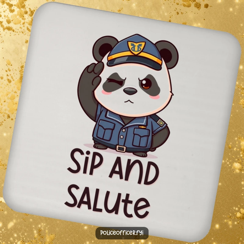 Funny drink coasters with a determined panda in a police uniform saluting with a wink. Table protection with style.