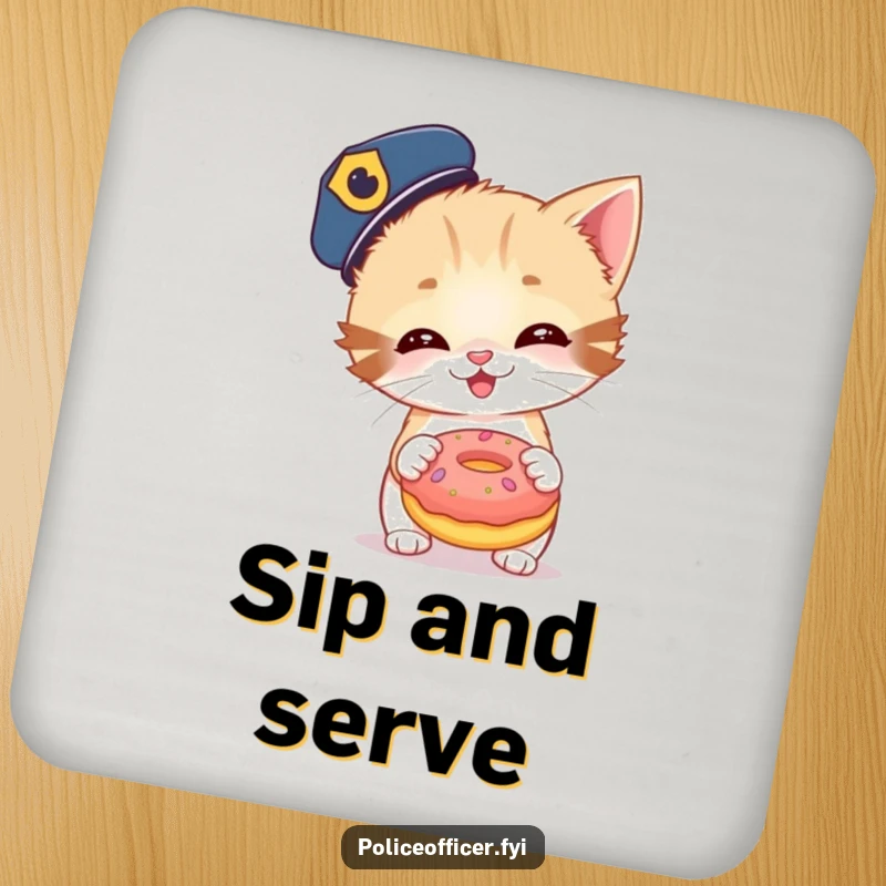 Funny drink coasters with a giggling kitten police officer about to toss a large donut. Protects tables with humor.