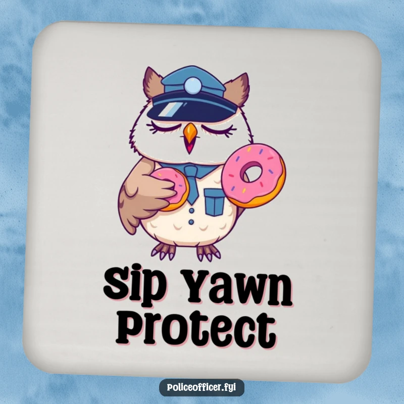 Funny sleepy owl police officer coaster, yawning with a donut, protecting surfaces with humor.