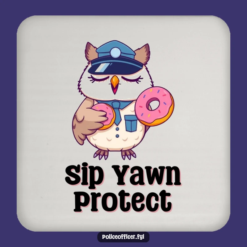 Funny Sleepy Owl Officer Coaster: Yawning Cop Donut Drink Saver