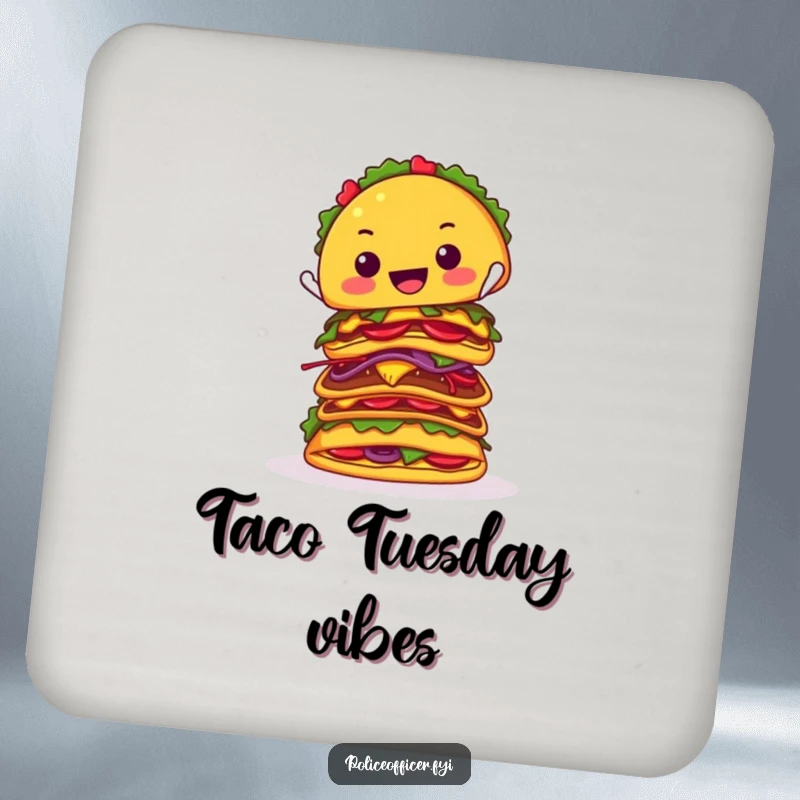 Funny drink coaster illustrated with a cheerful taco balancing a stack of tacos, adding humor to beverage service.