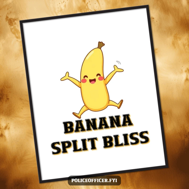 Funny poster captures a happy banana with legs in a celebratory split pose, a whimsical piece of food-related wall art.