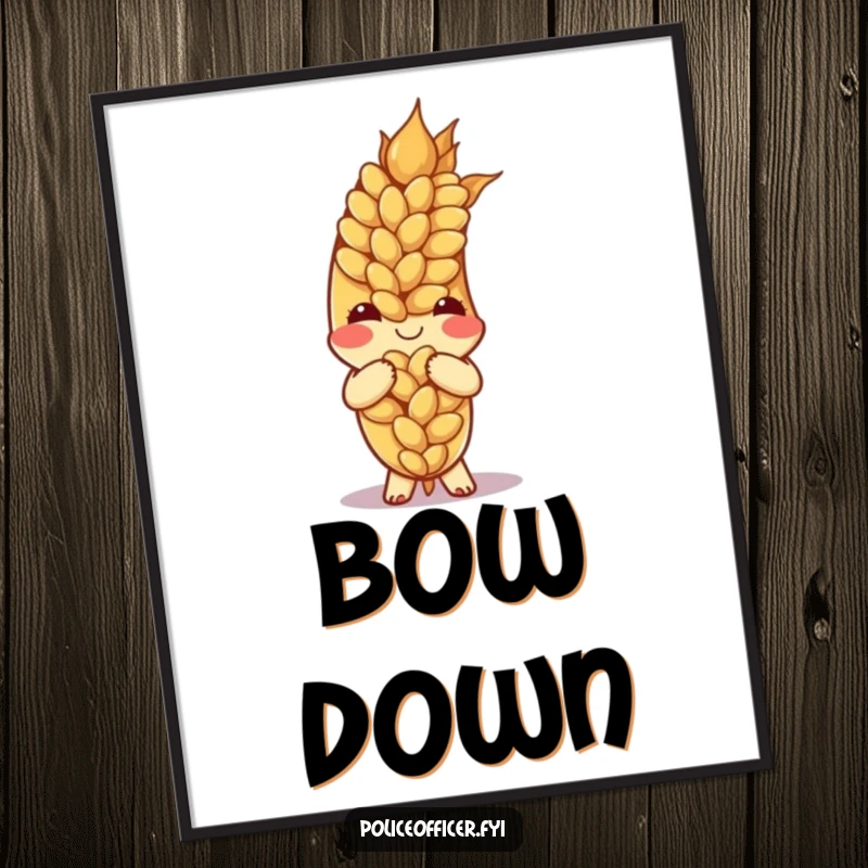 Funny ear of wheat bowing politely with a cheerful expression on a decorative wall poster.