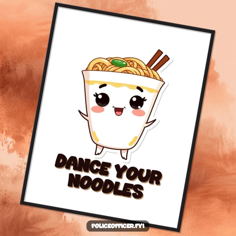 Funny ramen poster depicting a cheerful cup of ramen with a face dancing with pure excitement and joy.
