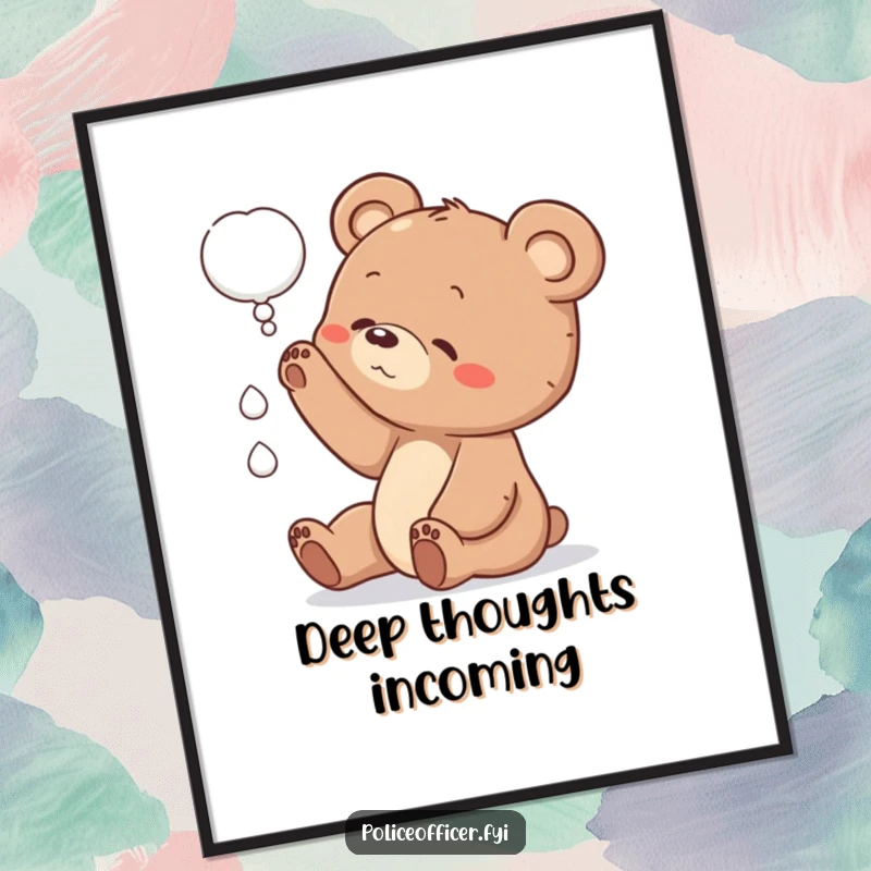 Funny bear cub poster showing a cub tilting its head, reaching for a thought bubble, evoking innocence and intellectual wonder.