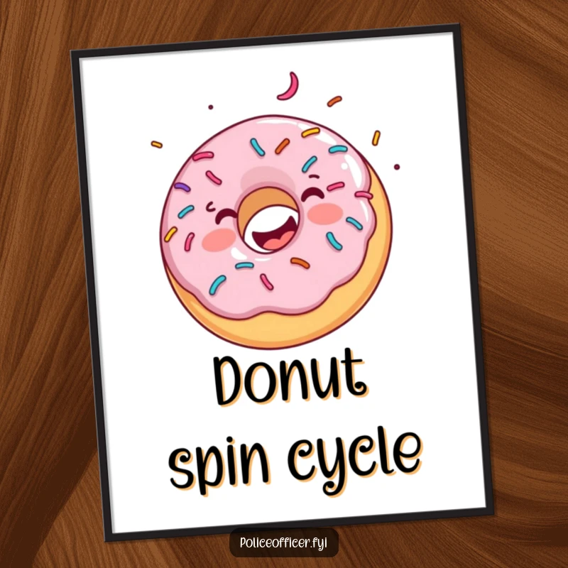 Funny poster captures a delighted donut adorned with sprinkles, caught mid-spin in a moment of ecstatic sugary celebration.