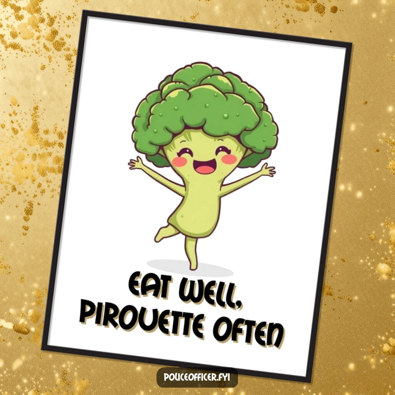 Funny Poster: A smiling broccoli head performing a graceful pirouette with a joyful expression, bringing hilarious energy to any wall.