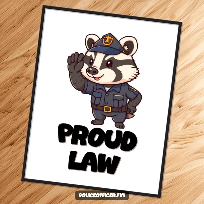 Funny Poster of a determined badger police officer saluting proudly, representing duty and humorous authority.