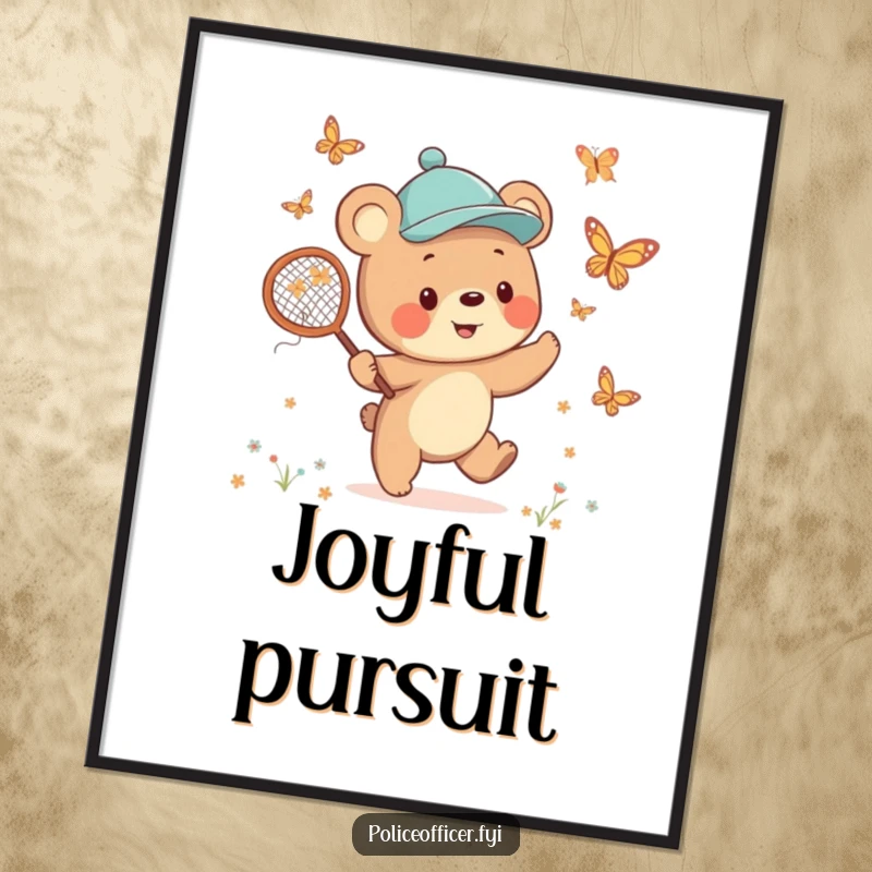 Funny Bear Cub Poster featuring a cheerful cub in a jaunty cap, happily chasing butterflies with a net, creating joyful wall art.