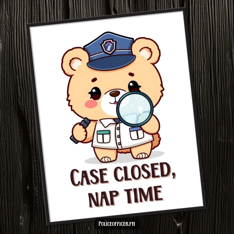 Funny poster print of a fluffy bear in a police uniform winking and holding a magnifying glass, investigating closely.