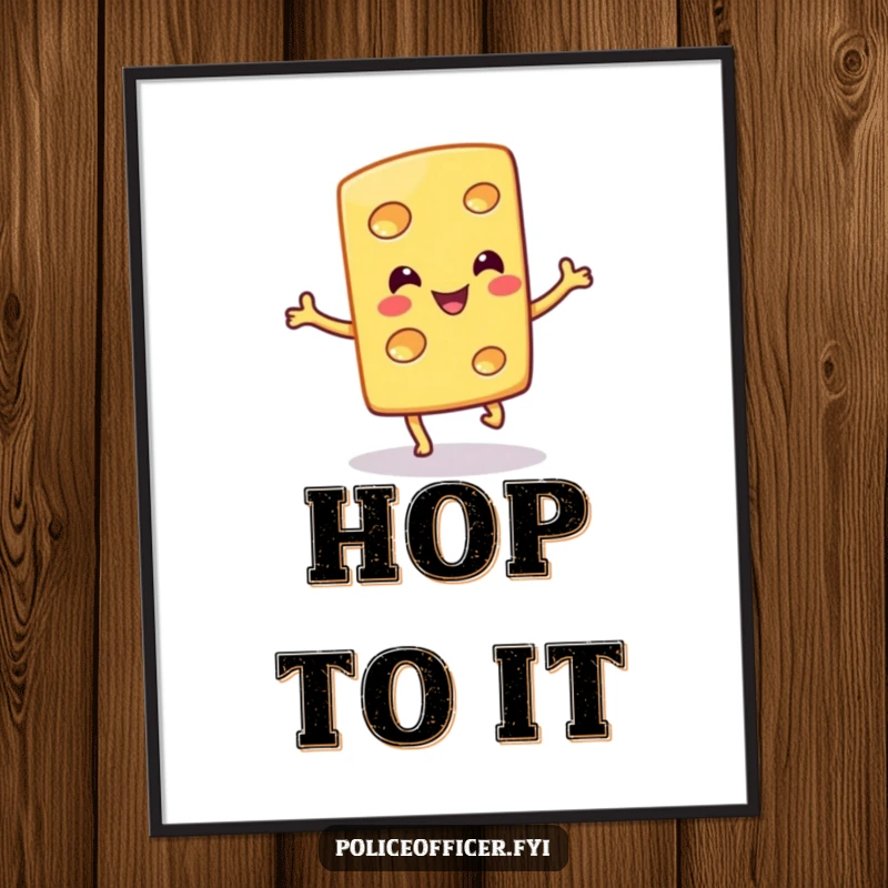 Funny poster captures a smiling cheese slice in a silly hop, a charming piece of food-related wall art with a playful vibe.