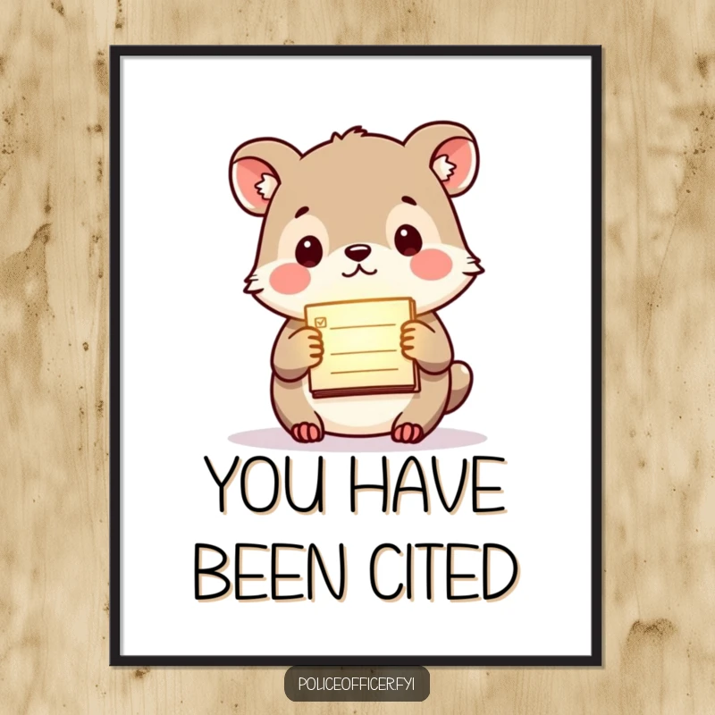 Funny poster depicting a small animal holding a tiny, glowing citation pad with a purposeful expression, ideal for humorous wall art.