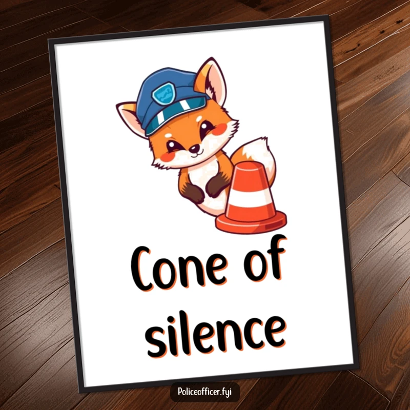 Funny poster print of a cute fox in a police cap peeking out from behind a traffic cone, looking sly.