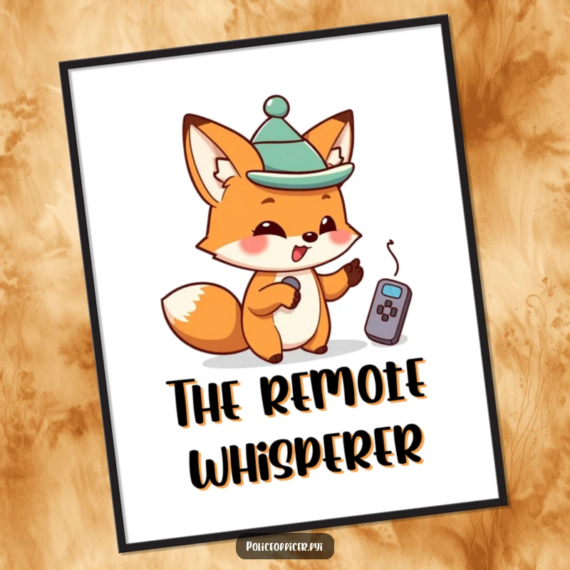 Mischievous fox in a small hat, pointing at a TV remote, displayed as a humorous funny poster.