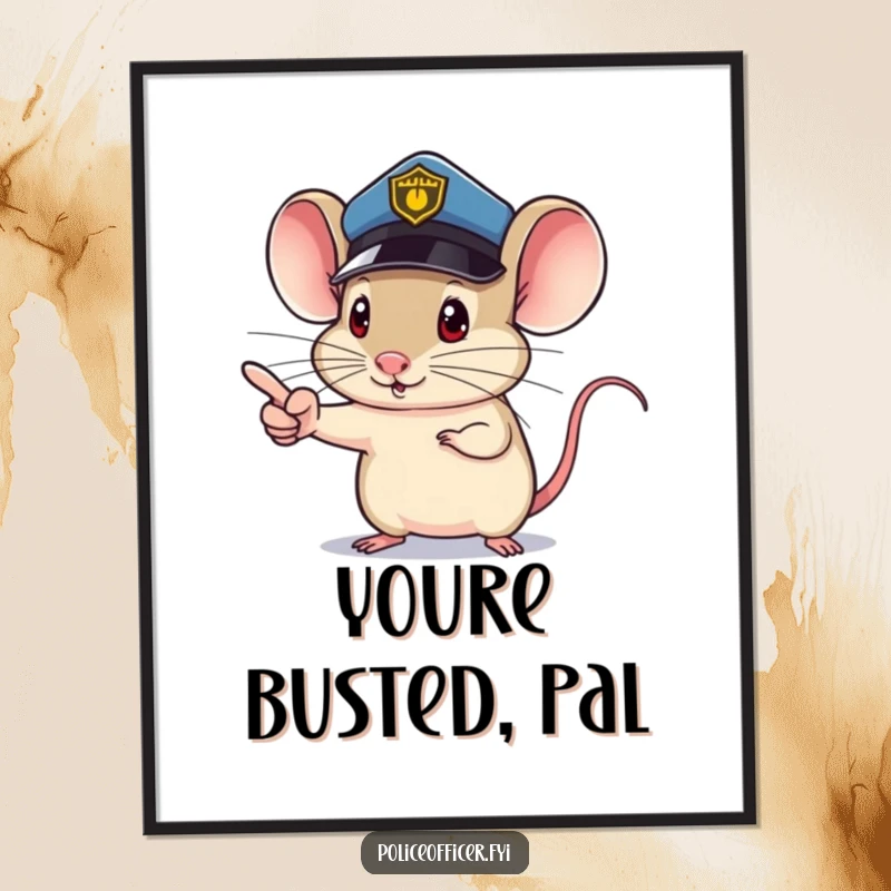 Funny Mouse Poster featuring a mouse police officer, tiny determined pointing finger, directing humorous attention, a perfect funny gift.