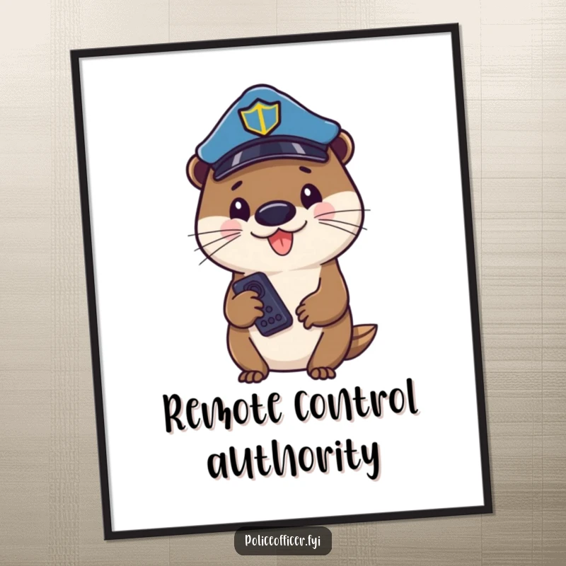 Funny otter police officer in a hat, holding a TV remote, looking cheerful and ready to enforce TV rules.