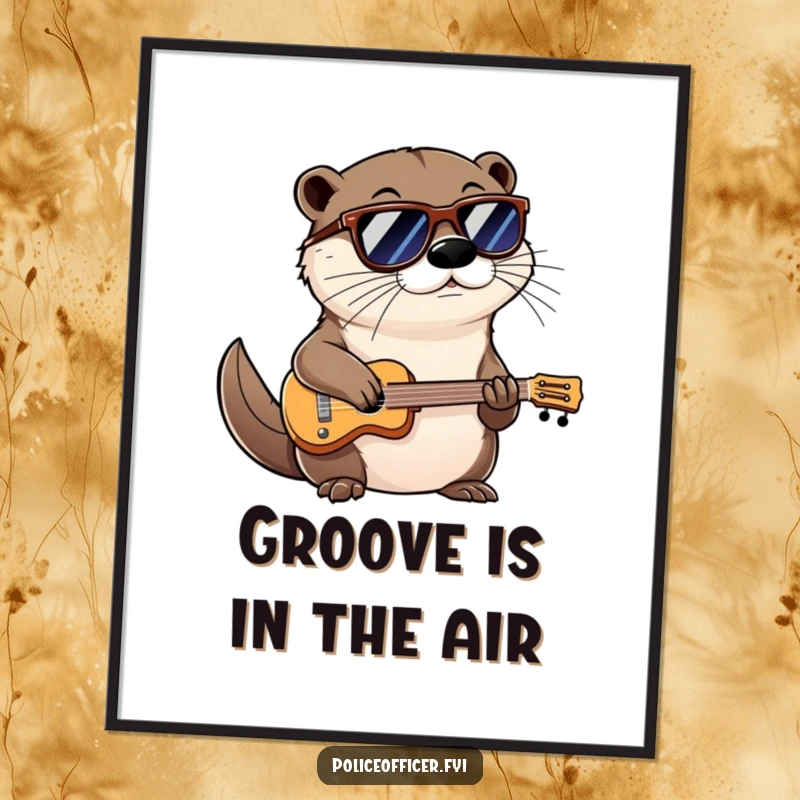 Funny poster of a cool otter wearing shades and a confident smirk, playing a miniature instrument, creating a stylish visual.