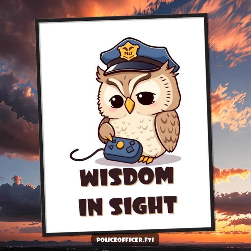 Funny Owl Detective Poster: Wise owl in a police cap intently studying a remote control, a humorous piece of wall art celebrating intellect.