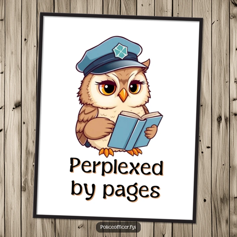 Funny Owl Poster showcasing a wise officer reading a book with a concerned expression, perfect for humorous wall art.