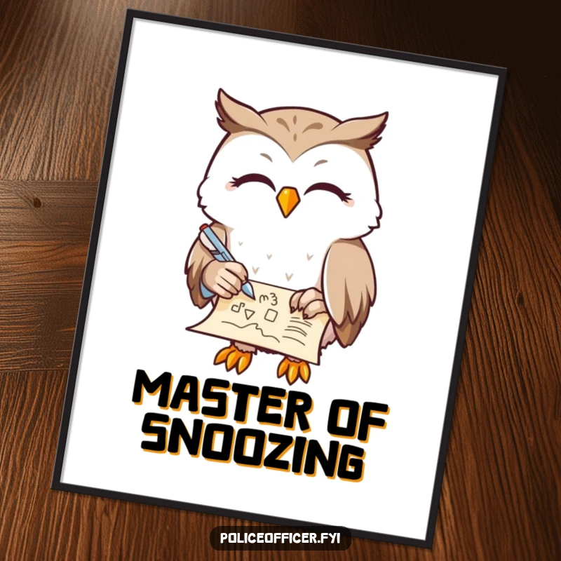 Funny Owl Poster featuring a contented owl with half-closed eyes, doodling on a scroll with a feather pen, inspiring creativity, a perfect funny gift.