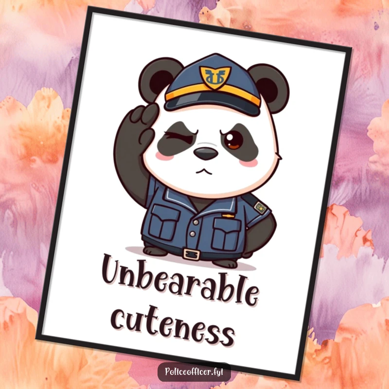 Funny poster depicting a determined panda in a police uniform giving a salute and a wink. Humorous wall art.