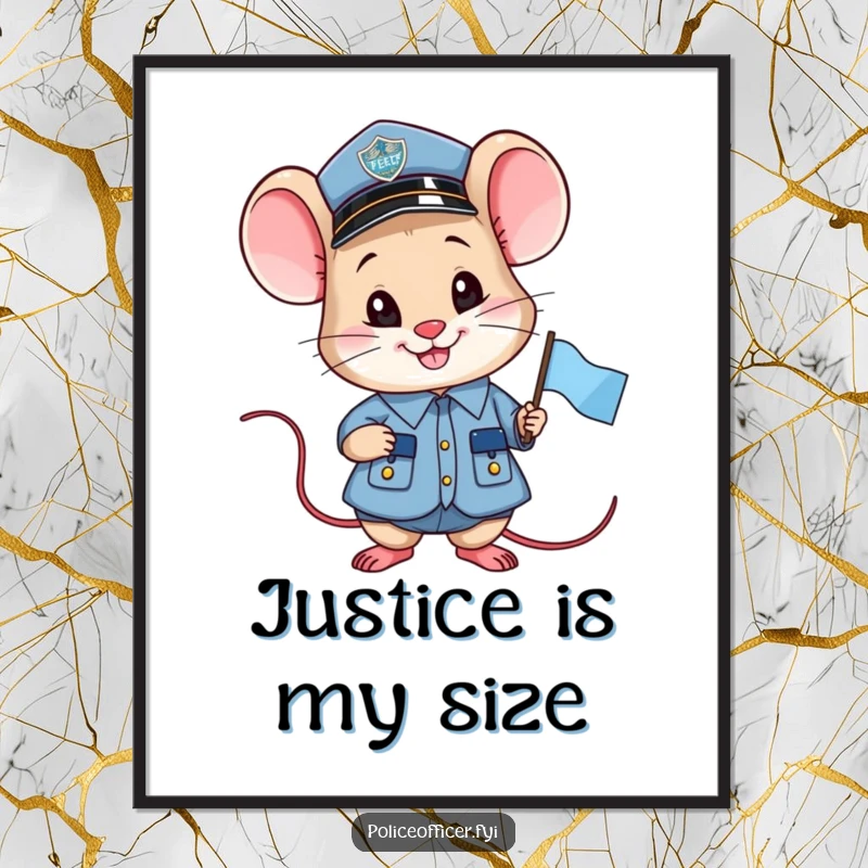Funny smiling mouse police officer poster, proudly holding a small flag, inspiring and humorous artwork.