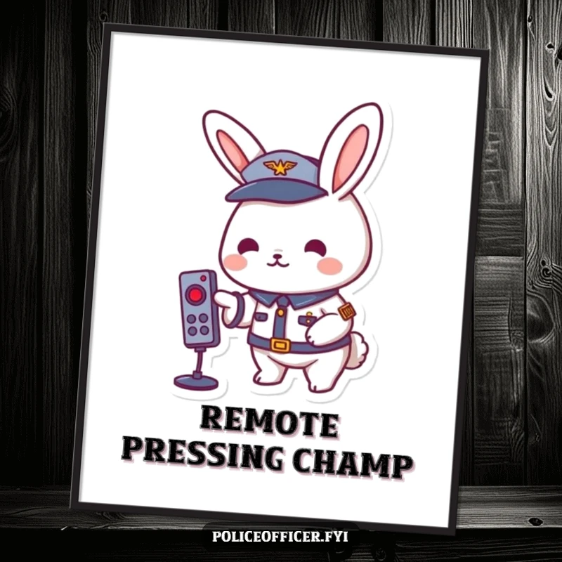 Playful rabbit in a uniform cheerfully pressing a TV remote button, displayed as a funny poster.