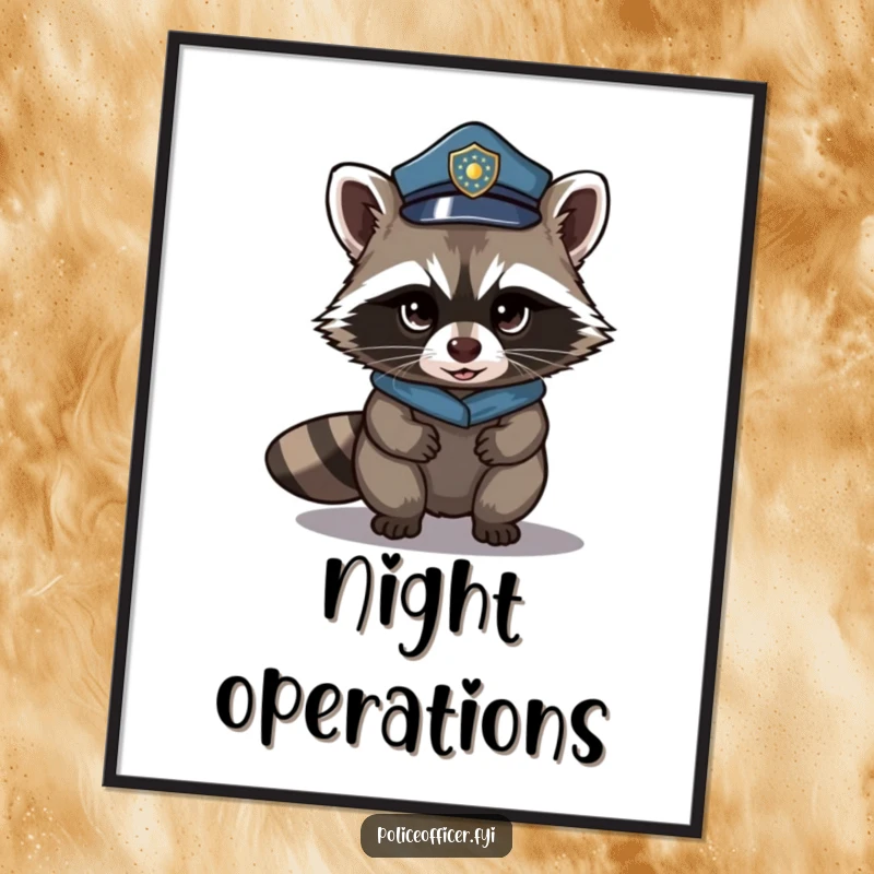 Funny poster illustrating a mischievous raccoon wearing a police hat, creeping stealthily with a sly expression.