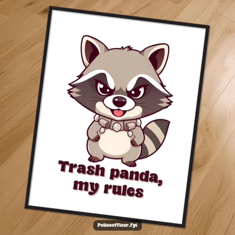 Funny Raccoon Poster depicting a mischievous raccoon with a studded collar and a defiant smirk, adding a humorous and artistic flair to any space.