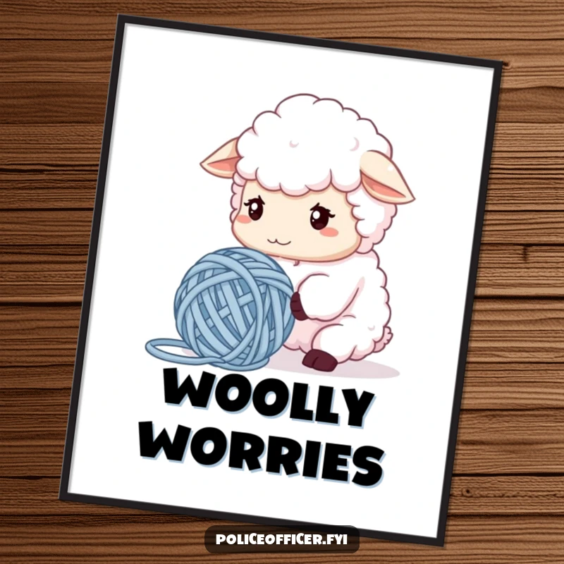 Funny Sheep Poster featuring a fluffy sheep with a furrowed brow over tangled yarn, radiating hilarious crafting struggles and confusion, perfect for wall art.