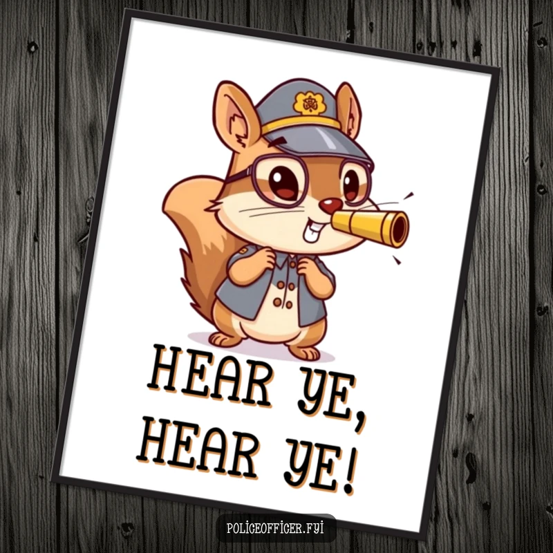 Funny poster featuring a small, energetic squirrel police officer enthusiastically blowing a miniature whistle with bright eyes.